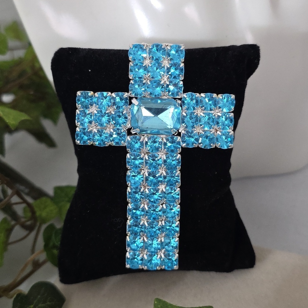 Statement Silver and Acrylic Blue Topaz Cross Brooch Pendant